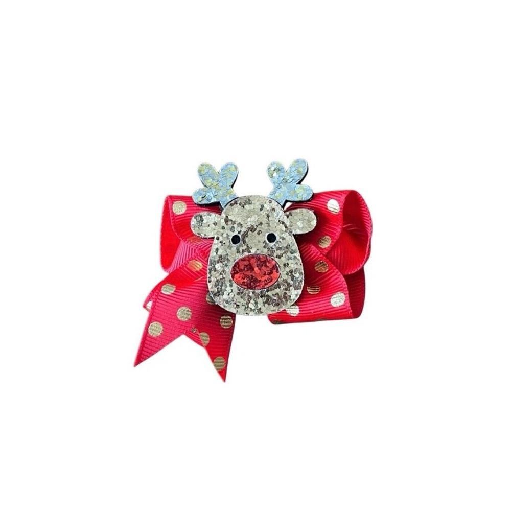 Rudolph Reindeer Hair Bow Clip Christmas Holiday Glitter Polk A Dot Festive